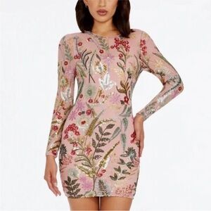 NWT Dress the Population “Lacie” Floral Sequin Long-Sleeve Mini Dress Sz X-Small